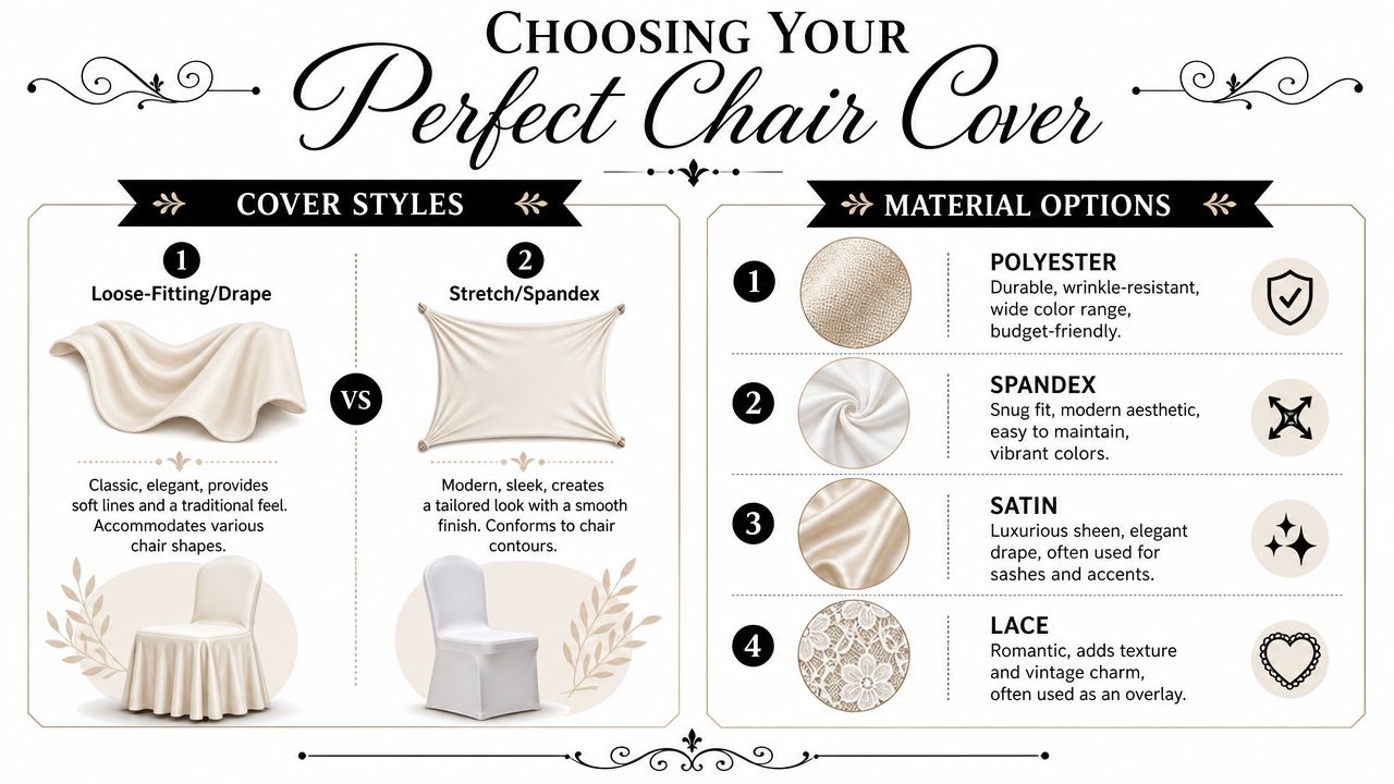 An infographic comparing different styles and fabric materials for choosing the perfect wedding chair covers.