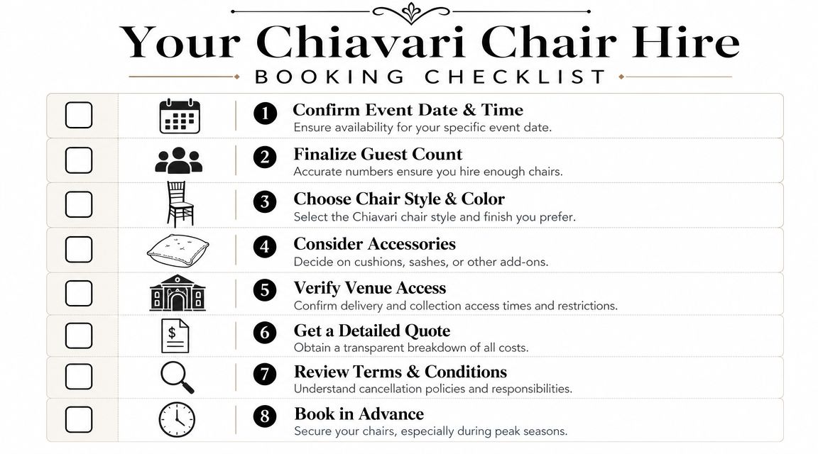 A checklist for renting Chiavari chairs, listing eight essential steps for event planning and booking.