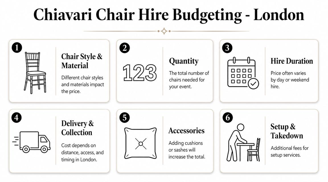 A helpful infographic showing six key factors to consider when budgeting for Chiavari chair hire in London.