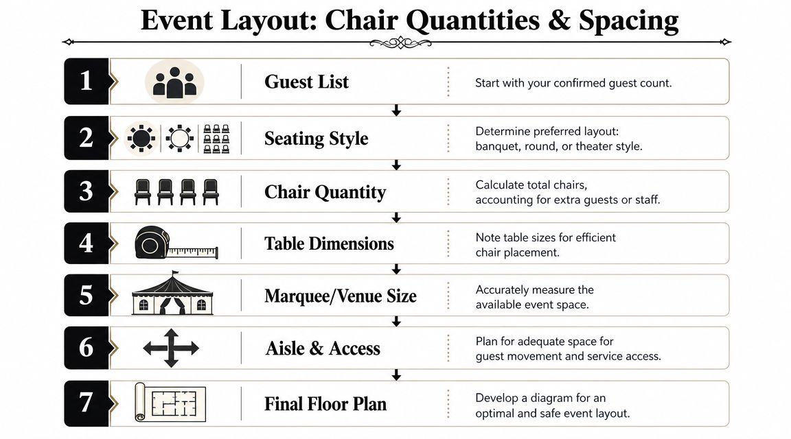 A seven-step instructional infographic guide for planning event seating, chair quantities, and venue floor plan layouts.