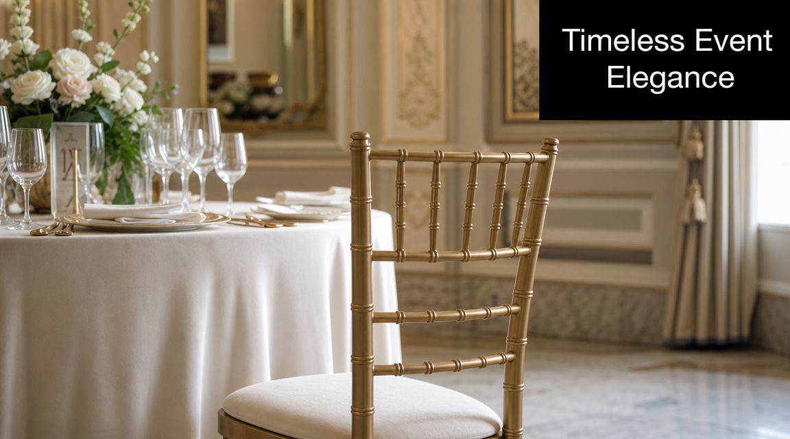 An elegant gold Chiavari chair sits beside a beautifully set round dinner table in a luxury venue.