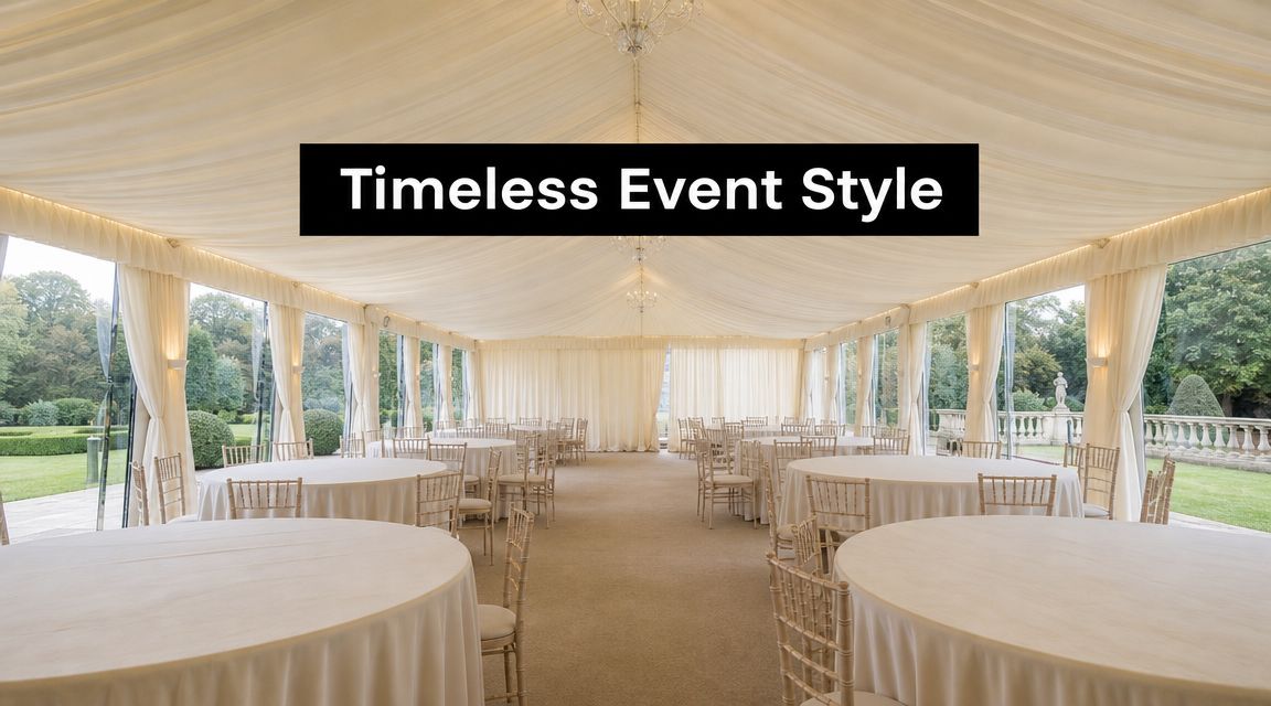 A luxurious marquee tent interior set up for a wedding or event with elegant round tables and chairs.
