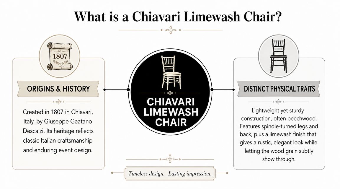 An infographic titled What is a Chiavari Limewash Chair detailing its historical origins and physical construction characteristics.