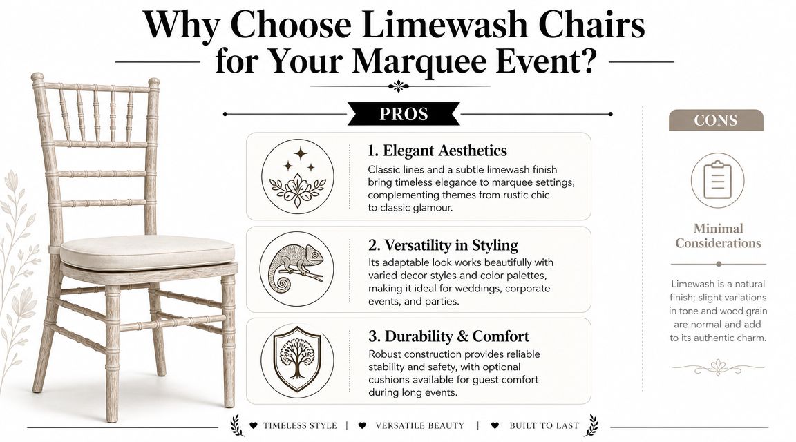 An infographic detailing the benefits of choosing rustic limewash Chiavari chairs for events and weddings.