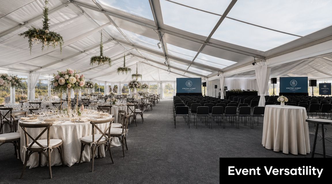 A spacious clearspan marquee tent set up for a corporate strategy summit with dining and theatre seating.