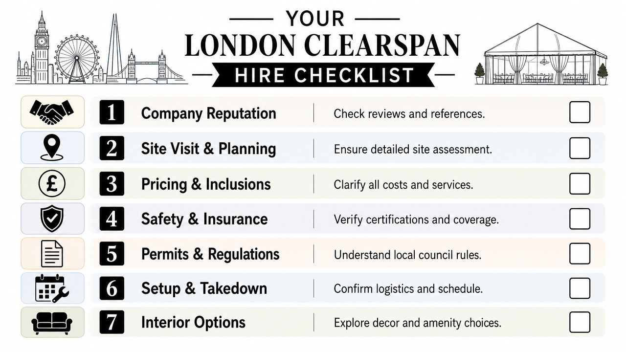 A checklist titled Your London Clearspan Hire Checklist with seven essential steps for renting event marquees.