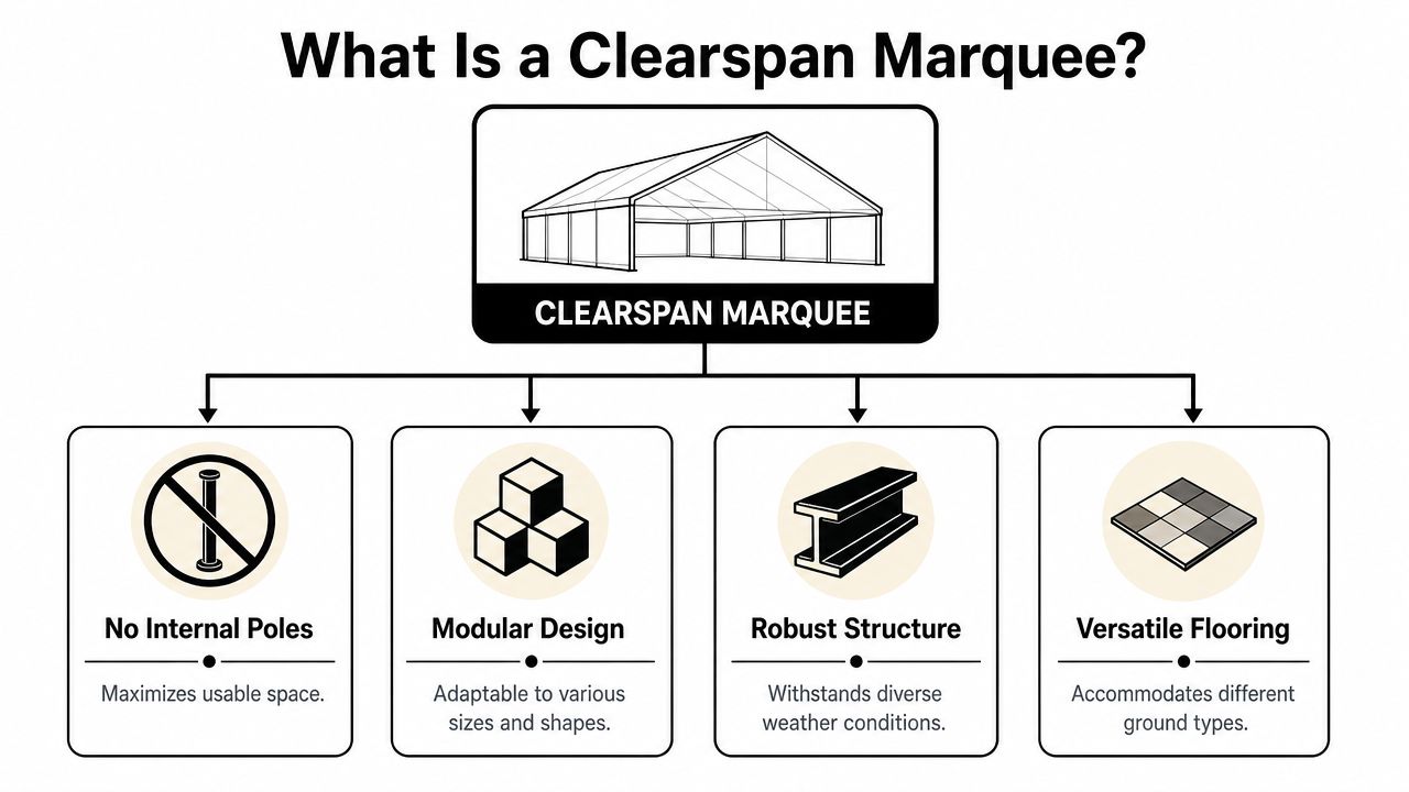 A diagram illustrating the benefits of a clearspan marquee including no poles, modular design, structure, and flooring.