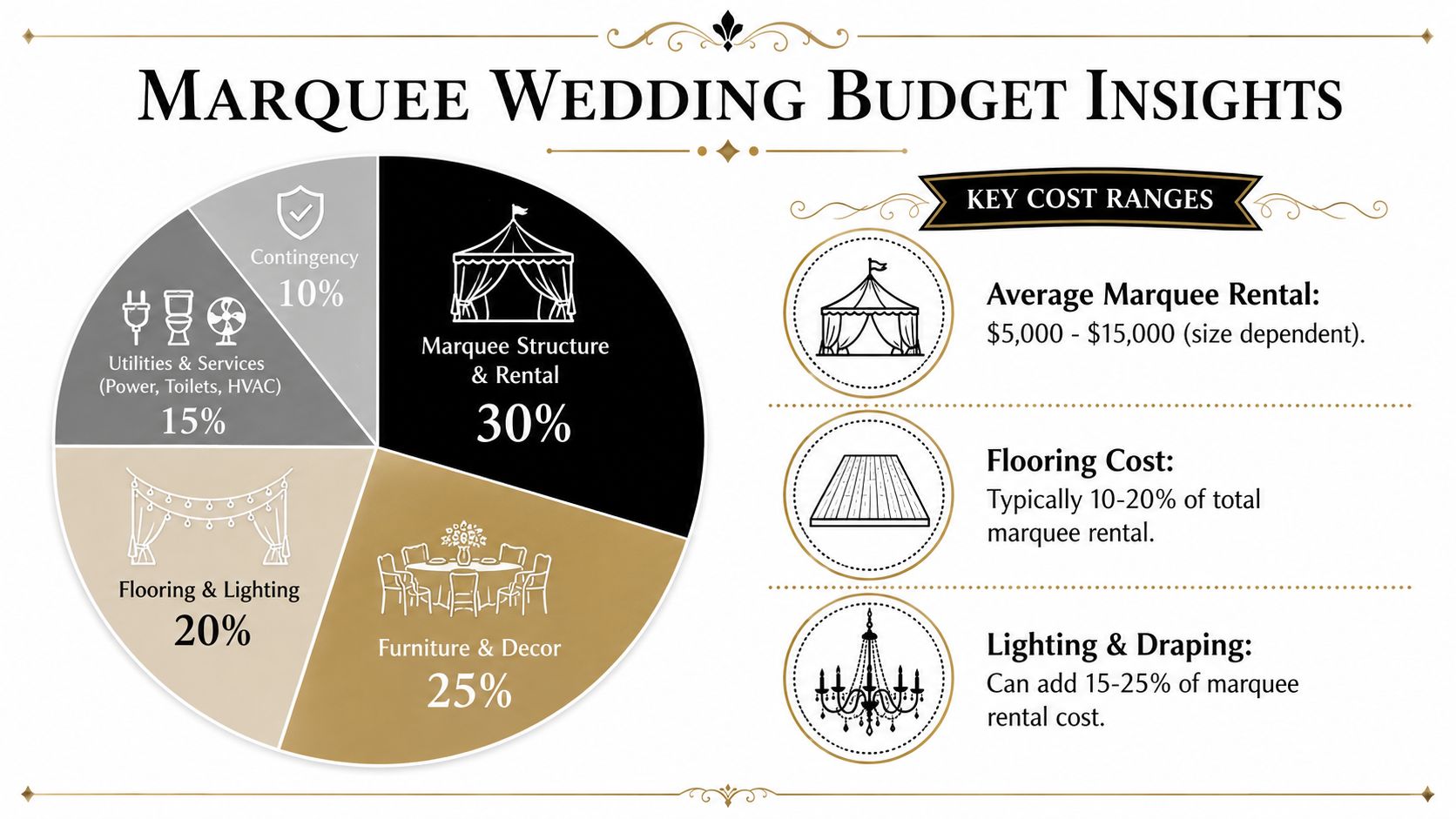 A pie chart displaying a percentage breakdown of common budget allocations for planning a wedding marquee.