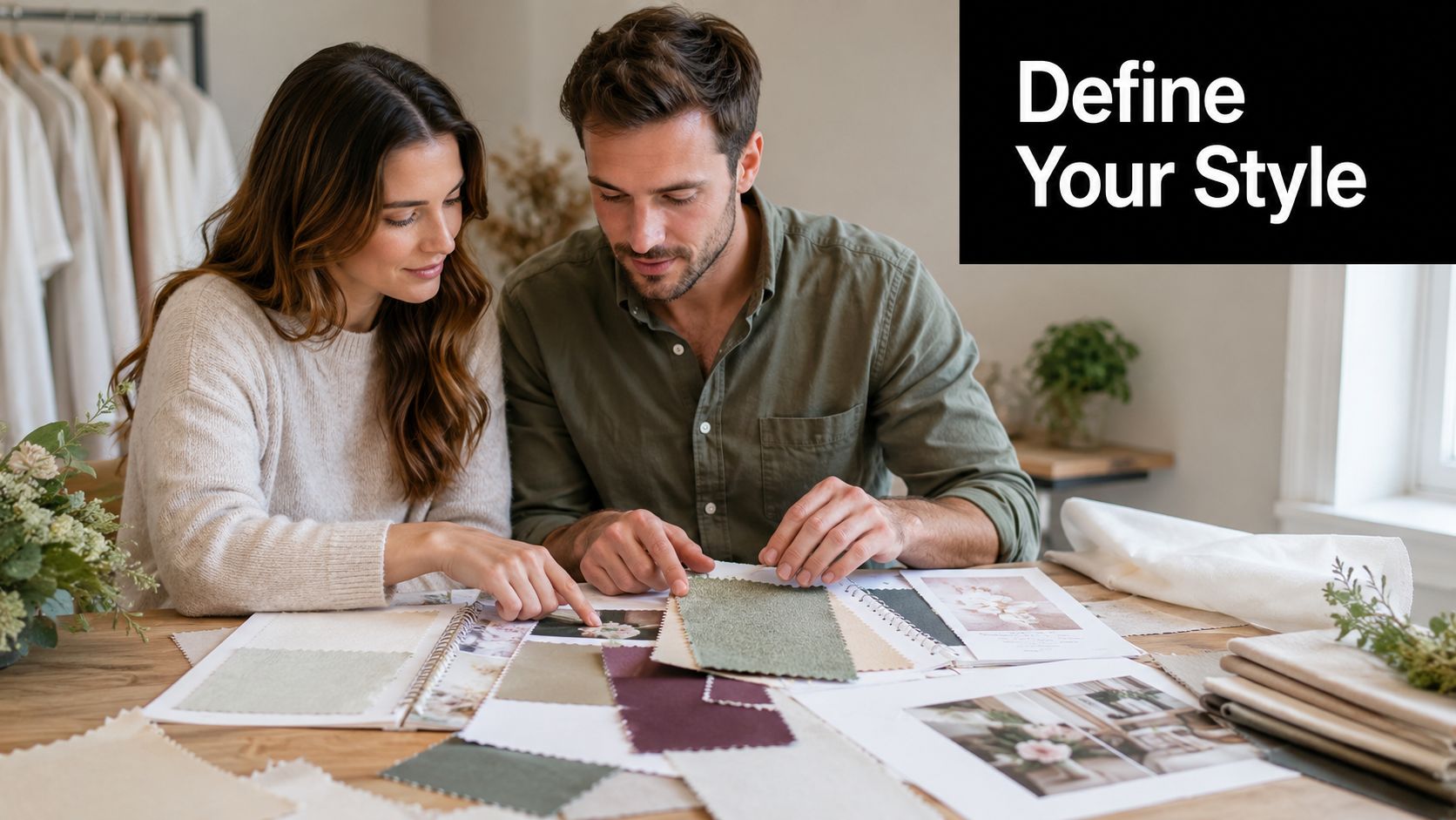 A couple looks at fabric swatches and wedding decor inspiration while planning for a wedding event.