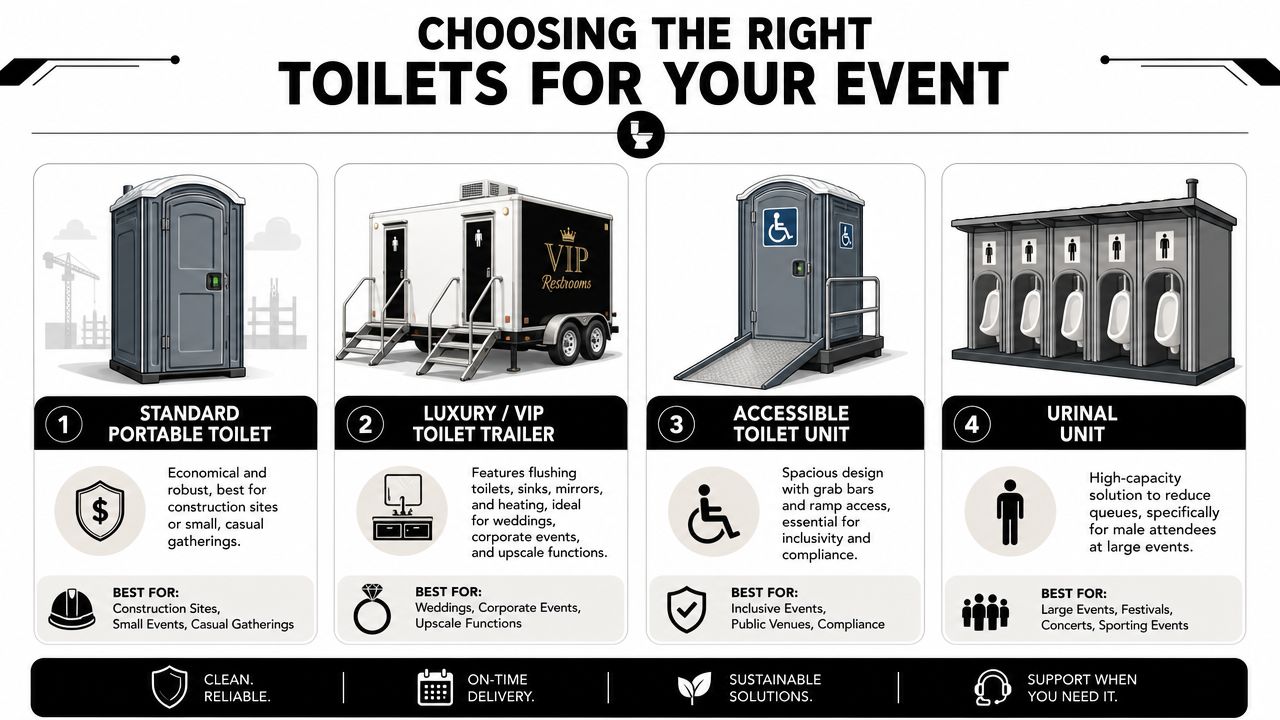 An infographic showing four types of portable toilets including standard, luxury, accessible, and urinal units for events.