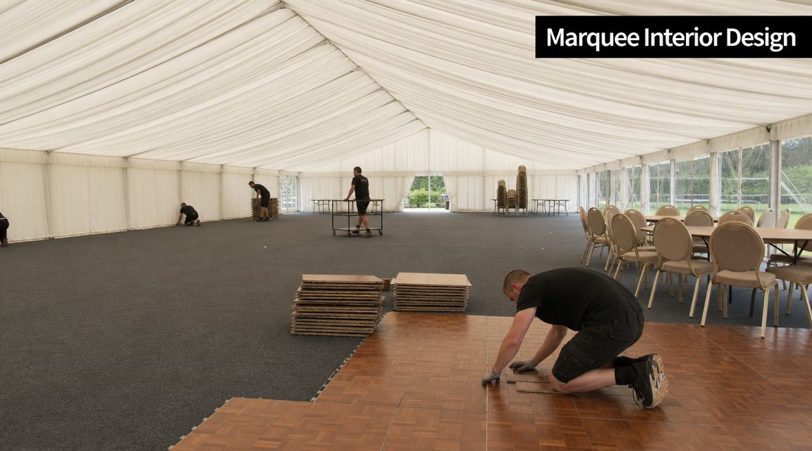 Workers setting up wooden dance floor panels inside a large white marquee event tent for hire.