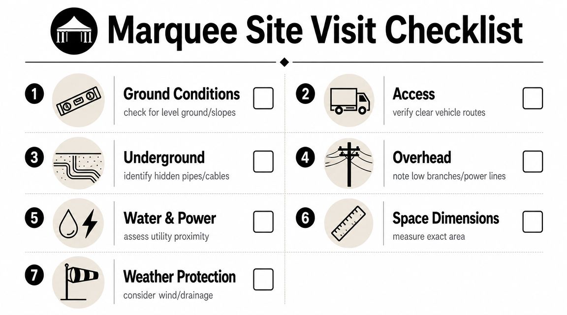 A professional checklist for planning a marquee installation site, covering ground, access, utilities, and safety requirements.