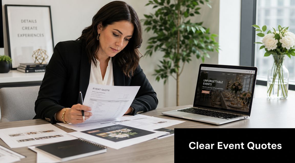 A professional event planner reviewing event quotes and design documents at her desk in a modern office.