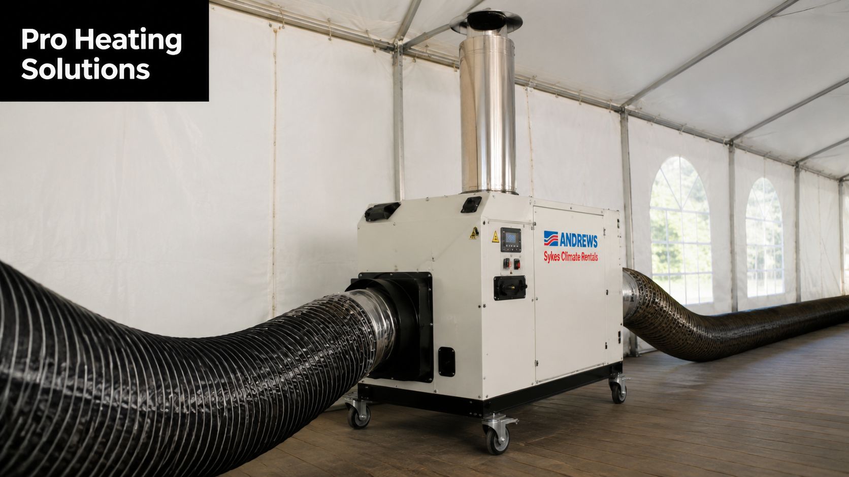 A professional industrial heating unit providing warmth inside a temporary marquee structure for a rental event.