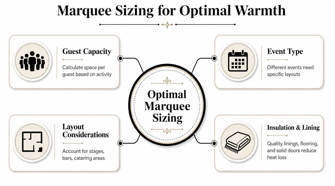 A diagram illustrating four key factors for optimal marquee sizing to maintain warmth for events.