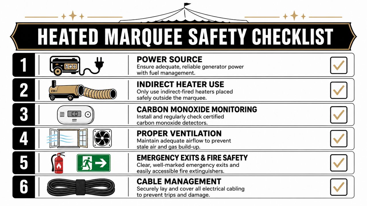 A safety checklist infographic for heated marquees, listing six essential requirements for safe event heating operations.