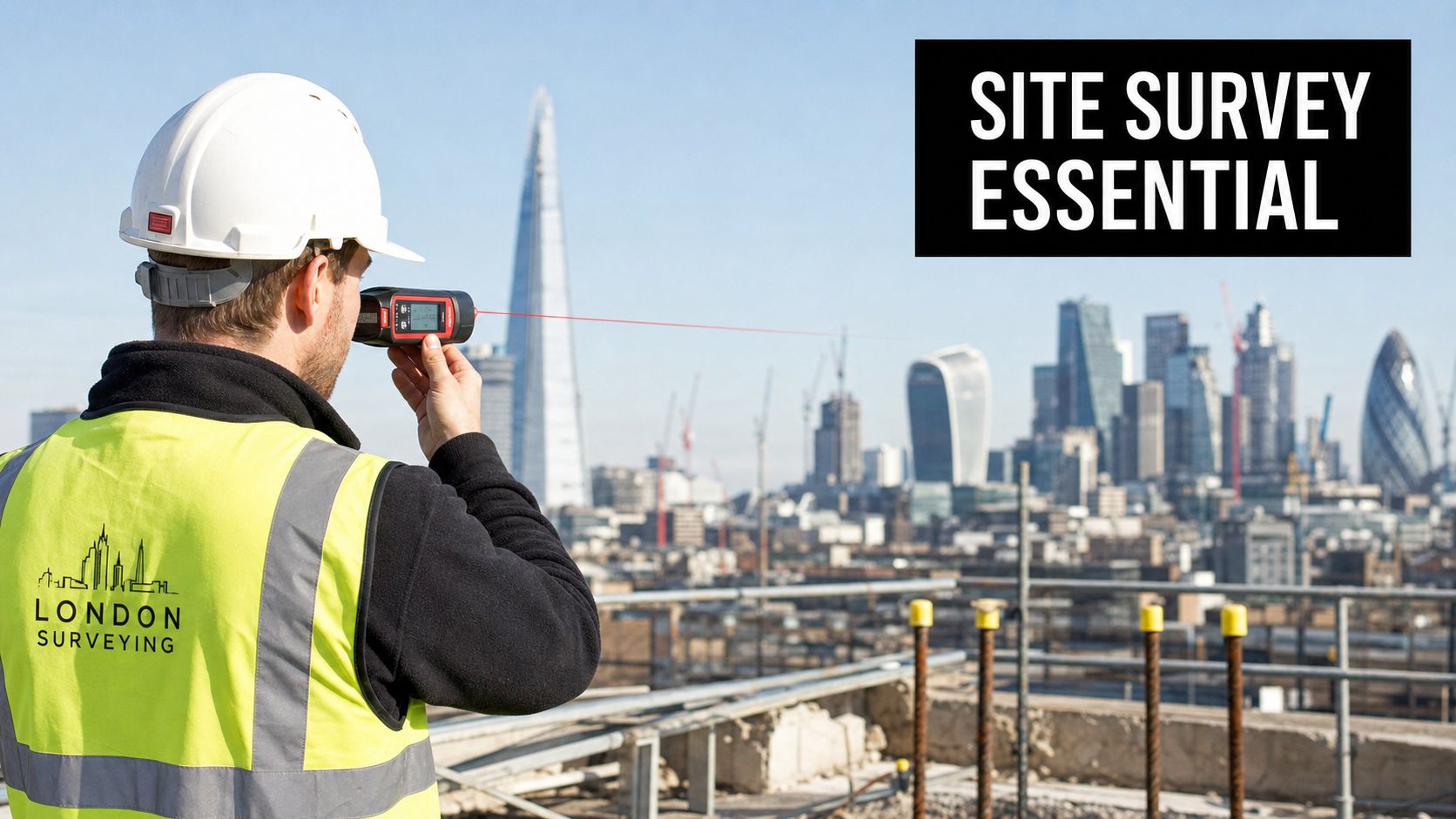 A London surveyor wearing a white hard hat and yellow vest using a laser distance measurer device.