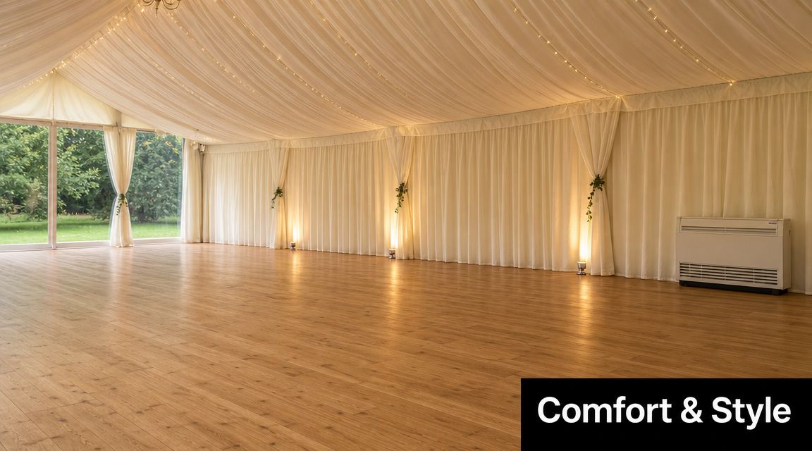 A bright, elegant marquee event space featuring wood floors, white draped ceilings, and large glass windows.