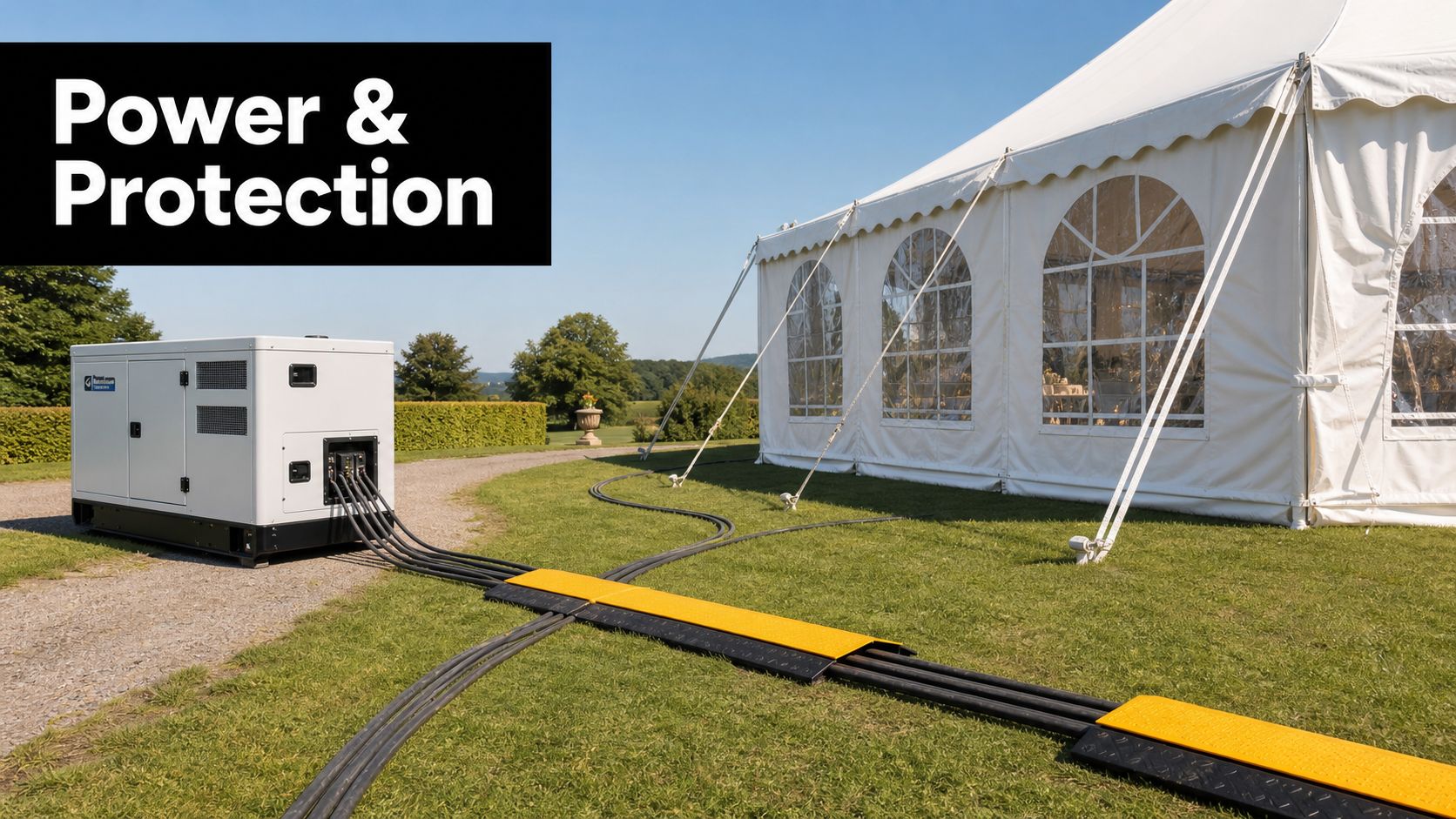 A professional outdoor power generator powering a large white wedding marquee tent with yellow cable protection covers.