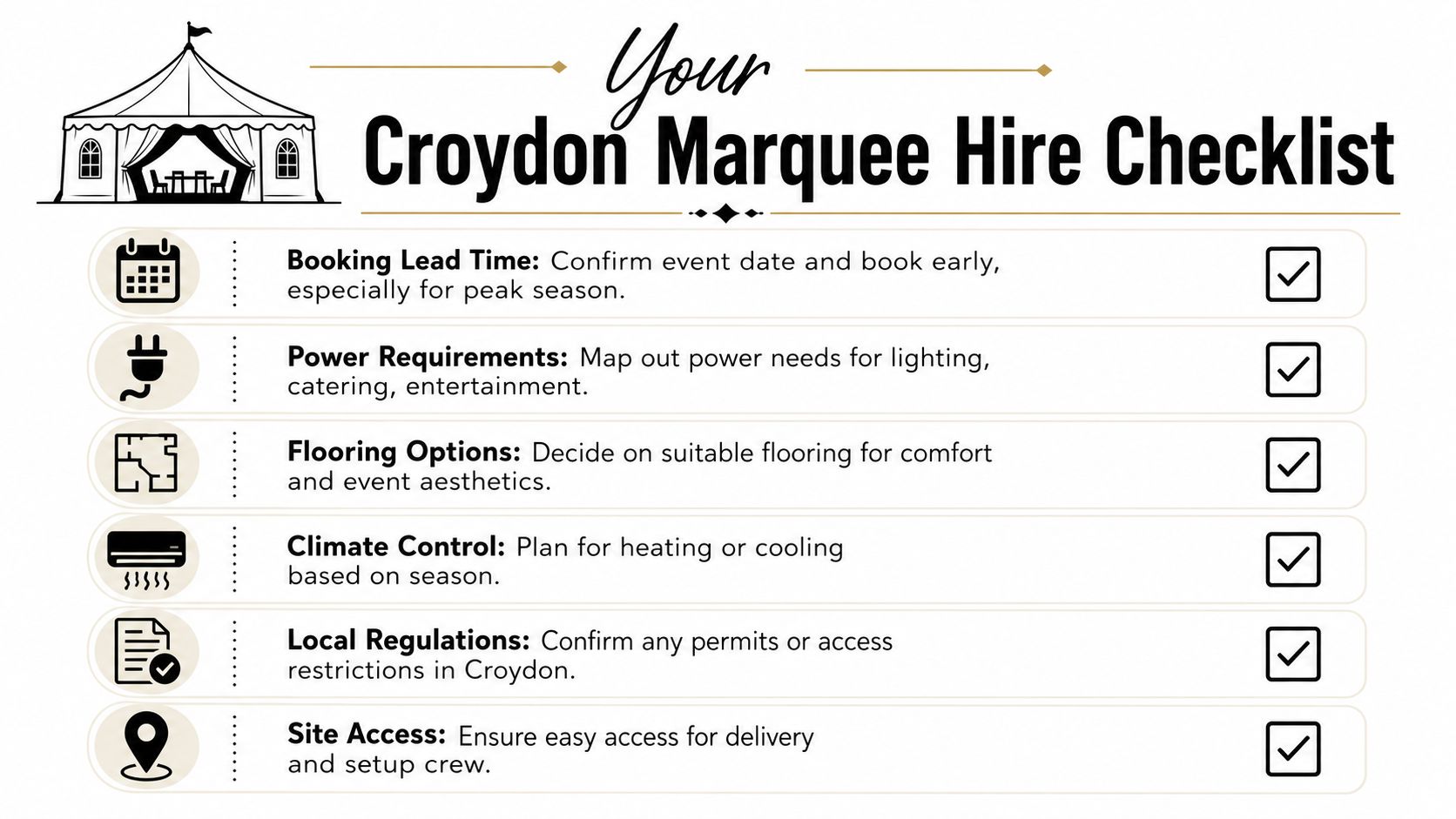 A checklist for hiring a marquee in Croydon featuring essential planning steps for events.