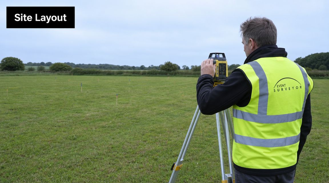 A professional event surveyor using a laser measurement tool to stake out a field for event planning.