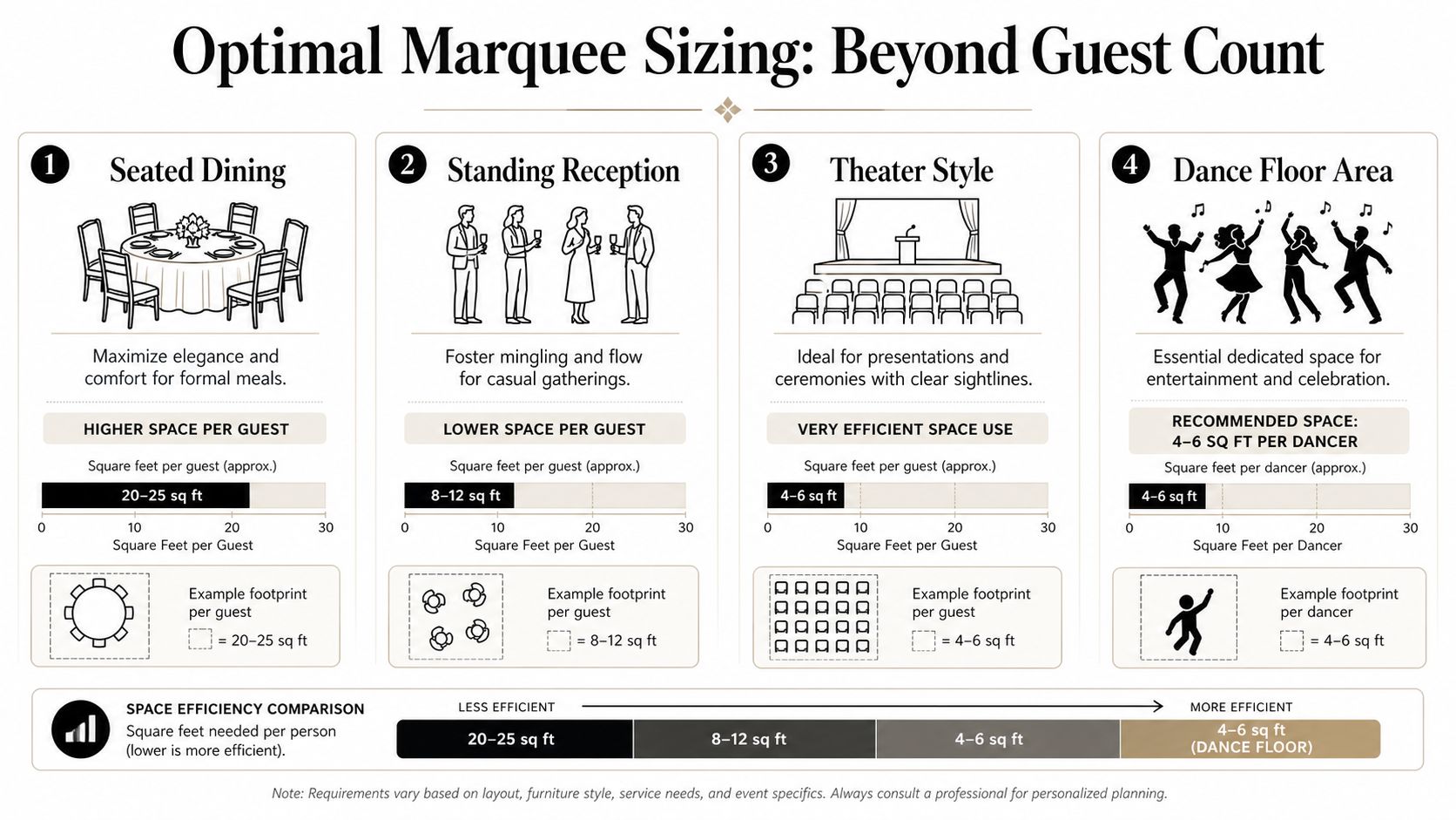 A guide detailing recommended square footage per guest for different marquee event styles, including seating and dancing.