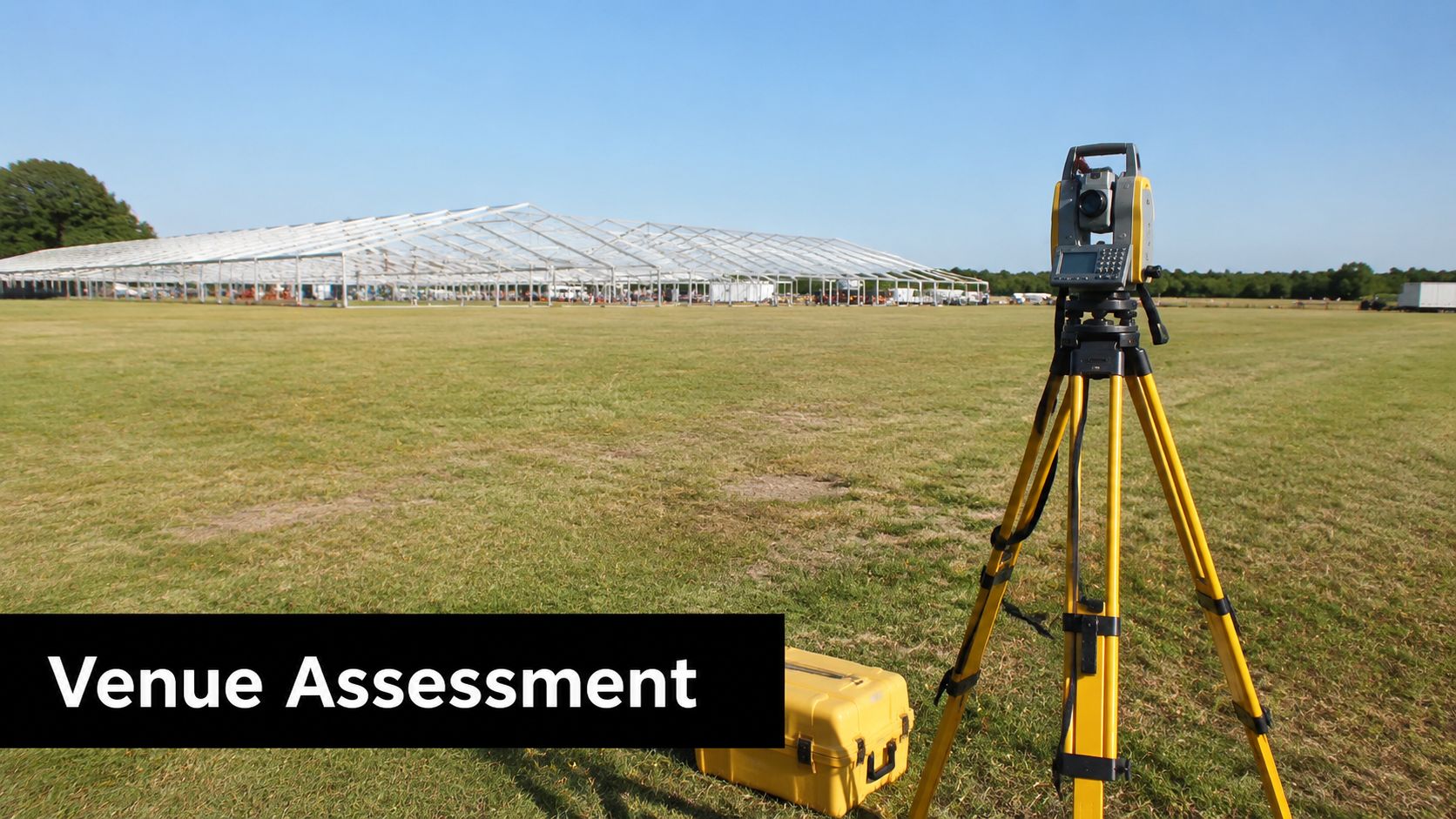 A professional survey instrument on a tripod measuring a large outdoor event marquee tent.