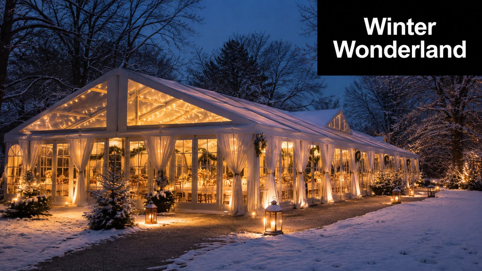 A stunning illuminated luxury marquee at night, surrounded by snow and trees for a magical winter event.