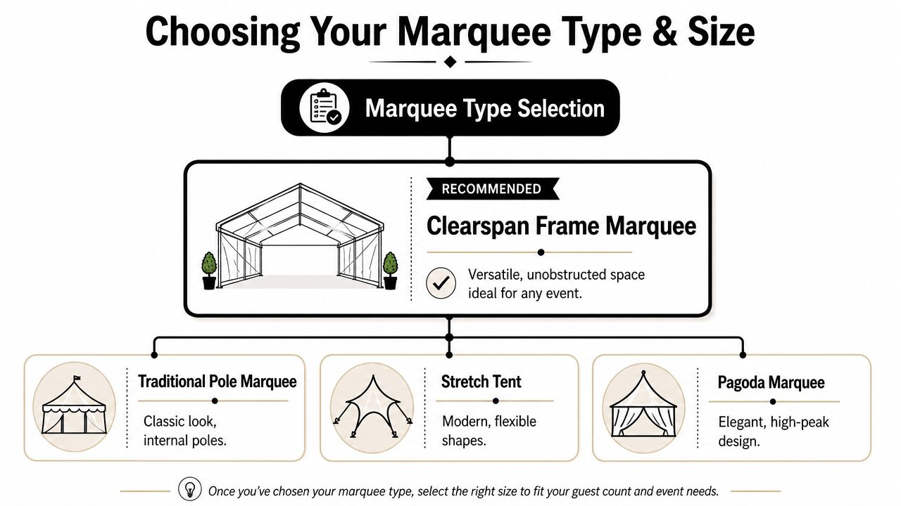 A flowchart guide explaining how to choose the right marquee type and size for your event.