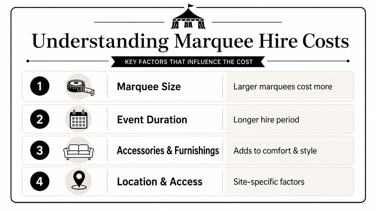 An infographic listing four key factors that influence the total cost of marquee hire for events.