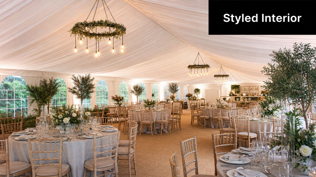 A luxurious wedding marquee interior featuring elegant round tables, Chiavari chairs, and decorative wreath chandeliers.
