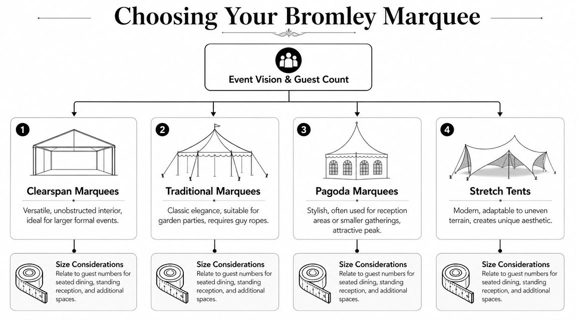 A flowchart guide explaining how to choose between Clearspan, Traditional, Pagoda, and Stretch marquees for events.