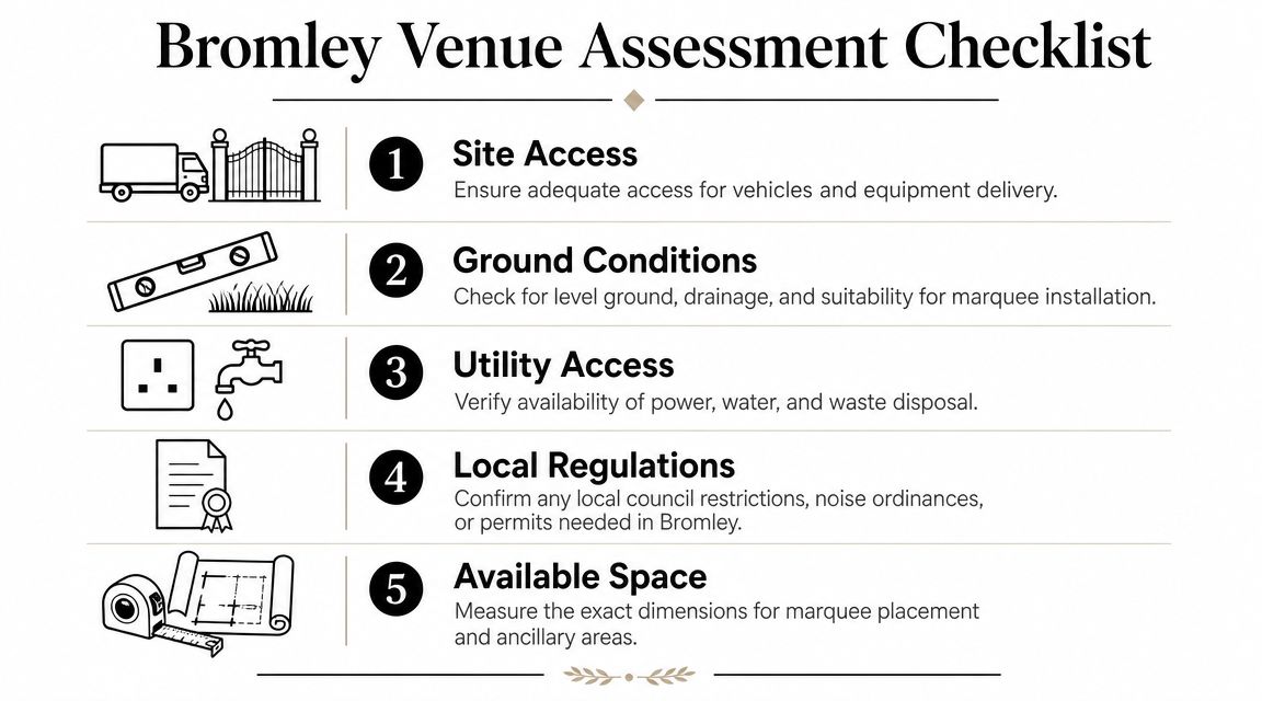 A checklist for assessing a venue in Bromley for marquee hire, covering access, ground, utilities, regulations, and space.
