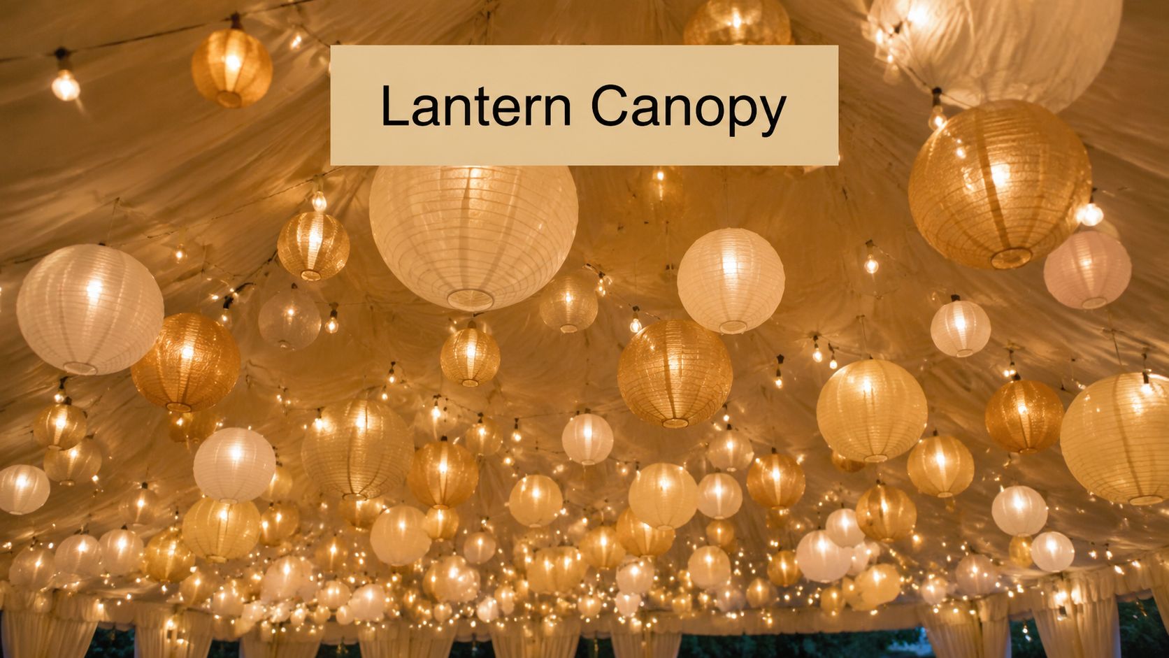A wedding marquee canopy ceiling decorated with various sizes of glowing paper lanterns and string lights.