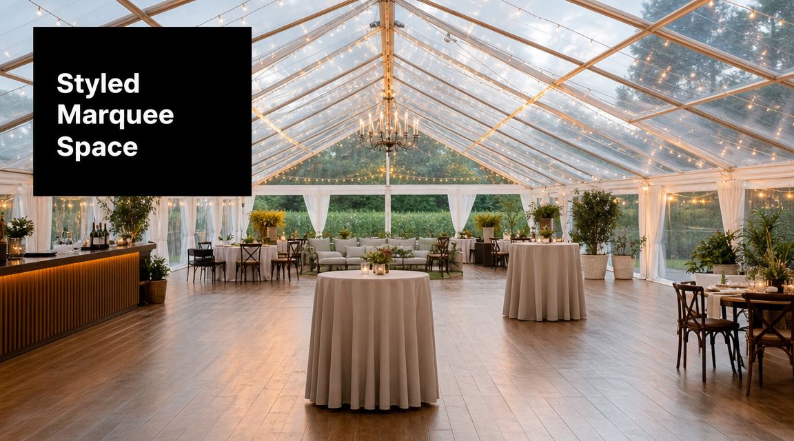 A sophisticated outdoor marquee event space with wooden floors, draped lighting, and elegant tables set up.