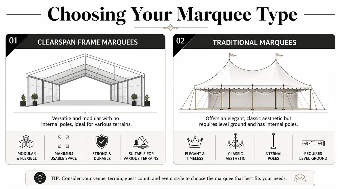 A comparison guide for choosing between clearspan frame marquees and traditional marquees for event planning.