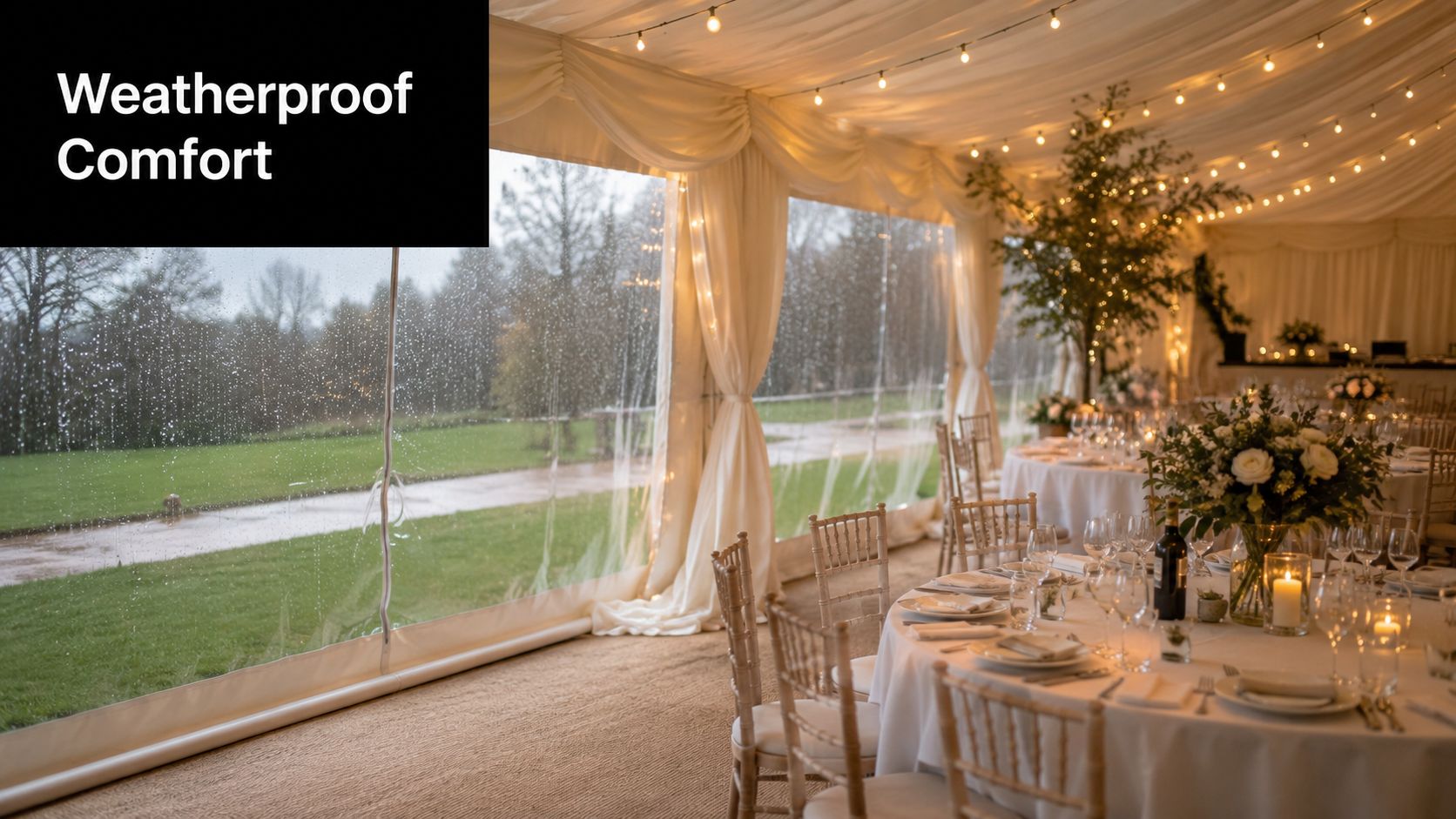 A cozy, elegant wedding marquee interior featuring draped fabric, string lights, and tables set for guests.